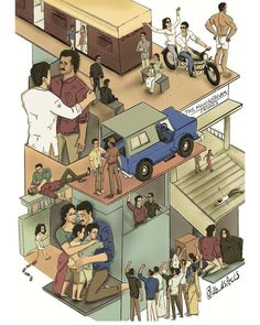 an illustrated image of people standing and sitting around a car