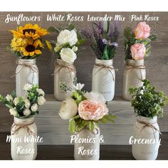 six mason jar vases with different flowers in them and the names on each one