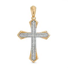 A chic representation of his faith, this diamond cross necklace charm is sure to be worn often. Created in 10K gold, this choice showcases a cross-shaped design lined with channel-set baguette-cut diamonds. Ribbons of round diamonds border the center while polished flared edges complete this Gothic-style look. Radiant with 1 ct. t.w. of diamonds and a brilliant buffed luster, this charm is ready to add to his favorite chain, sold separately. Luxury Cross-shaped Diamond Cut Necklace, Luxury Diamond White Cross Pendant Necklace, Luxury Diamond White Cross Necklace, Luxury Diamond Cut Cross Pendant Necklace, Diamond Accented Cross Necklace, Luxury Pendant Cross Necklace With Diamond Accents, Yellow Gold Cross Pendant Necklace With Diamond Accents, Luxury Cross Pendant Necklace With Diamond Accents, Yellow Gold Cross Necklace With Diamond Accents