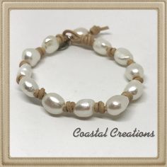 Beautiful high quality freshwater pearls wrap your wrist with this coastal classic bracelet.   Twelve baroque shaped pearls are knotted onto soft natural leather cord.    This bracelet uses a  loop in the leather where a pearl will slip through to secure closure. I have used natural (light tan) colored leather for the photo but you can select your favorite at checkout.  Also, be sure to select the length that would be most comfortable for you.  Note:  7 inches is the standard length. Each bracel Adjustable Baroque Pearl Beaded Bracelets With Pearl Drop, Handmade Adjustable Baroque Pearl Beaded Bracelets, Casual Adjustable Pearl Jewelry, Adjustable Cream Pearl Bracelet, Adjustable Casual Pearl Charm Jewelry, Casual Adjustable Pearl Charm Jewelry, Wire Bangle Bracelets, Peacock Pearl, Hemp Jewelry