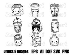 various drinks and beverages with faces drawn in black ink on a white background, set of four