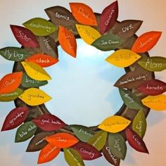 a wreath made out of leaves with words written on the front and sides in different languages