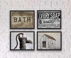 three framed pictures hanging on the wall above a faucet, soap dispenser and money