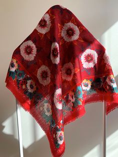 Beautiful classic Jacqueline Ferrar rayon scarf from Italy. Bold rustic red ground with yellow and white poppies. It has a lovely soft hand and fine weave. Red Bohemian Shawl With Floral Print, Red Floral Print Silk Scarf For Summer, Floral Print Shawl Scarf One Size, One Size Floral Print Shawl Scarf, Traditional Red Floral Print Shawl, Traditional Red Shawl With Floral Print, Casual Red Scarf For Spring, Traditional Red Shawl For Summer, Red Bohemian Scarf