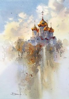 an artistic painting of a church in the sky