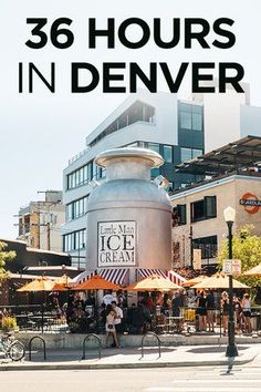 people sitting at tables under umbrellas in front of an ice cream shop with the words, 365 hours in denver