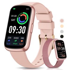 an image of a smart watch with pink strap and wristband on the side, next to it's screen