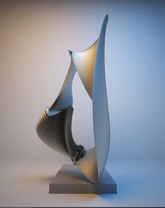 an abstract sculpture is displayed on a white pedestal with blue background and light reflection from the top