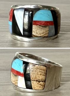 Vintage Handmade Zuni Multi Stone Inlay Wide Band Ring, Size 7  | eBay Traditional Sterling Silver Rings With Inlay, Multicolor Handmade Open Ring, Artisan Multicolor Ring Jewelry, Modernist Rings With Inlay For Gift, Modernist Rings With Inlay Perfect For Gifts, Unique Multicolor Multi-stone Rings, Multicolor Inlay Ring Jewelry, Artisan Multicolor Rings With Inlay, Artisan Multicolor Rings For Gifts