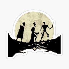 an image of three people walking in front of the moon on halloween night sticker