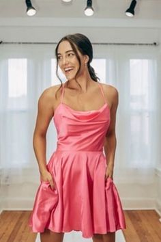 Straps Coral Cowl Neck Short Party Dress Satin Short Dress, Short Satin Dress, Dress Straps, Hot Pink Shorts, Short Party Dress, Satin Short, A Line Shorts, Big Night, Short Homecoming Dress