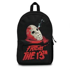 "Friday the 13th Backpack. Features the mask of Jason Voorhees with a knife stabbed in it. Perfect for every day use or your next trip to Halloween Horror Nights at Universal Studios Theme Park! Got snacks? With our roomy and durable backpack, you will be able to bring them all! This bag is made from spun polyester and weights 1.3 lbs - just enough to be light, strong and long-lasting. Grab it, stow it, throw it onto the seat next to you, this backpack can take it, and so will you, wherever you Horror Backpack, Spooky Party Ideas, Halloween Backpack, Horror Things, Dragon Head Tattoo, Horror Clothes, Spray Ground, Baked Dessert, Shopping Wishlist