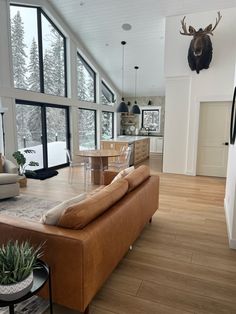 a living room filled with furniture next to a window covered in deer head mounted on the wall