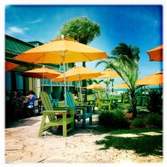 there are many chairs and umbrellas outside on the beach with palm trees in the background