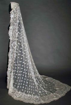 the back of a wedding dress with white lace on it and stars in the veil