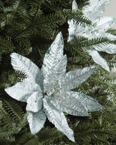 a close up of a christmas tree with silver decorations