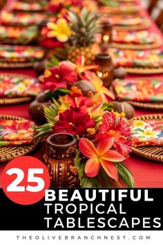 the table is set with flowers and candles for a tropical themed dinner or party that's ready to be eaten