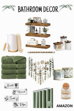 bathroom decor with green towels, candles and other items on shelves above the toiletries