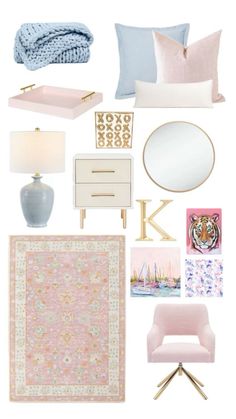 a collage of pink, blue and white decor with gold accents on the walls