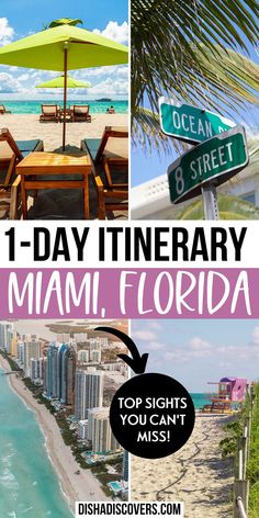 a collage of photos with the words 1 - day itinerary in miami, florida