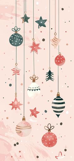 christmas ornaments hanging from strings on a pink background with stars and snow flecks