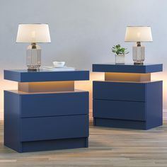 two blue nightstands with lights on each side and a plant in the middle next to them