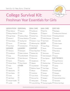 the college survival kit for girls is shown in pink and white, with text that reads college