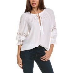 About The Brand: Silk Fabrics, Lively Colors, And Sophisticated Silhouettes. Randi Top In Ivory With 3/4-Length Balloon Sleeves, Eyelet And Bead Detailing, Elasticized Cuffs, And Shirred Neckline Approximately 25in From Shoulder To Hem Model Is 5'10 And Is Wearing A Size Small. Measurements May Vary Slightly By Size. 100% Polyester Hand Wash Imported Feminine Rayon Blouse For Brunch, Feminine Rayon Blouse For Daywear, White Feminine Viscose Blouse, Metallic Blouses, Silk Fabrics, Ramy Brook, Crochet Shirt, Silk Shorts, Satin Top