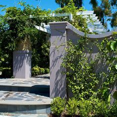 an outdoor area with steps and trees in the background, surrounded by shrubs and shrubbery