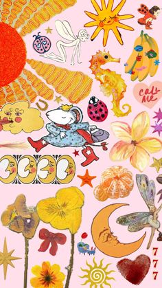 an assortment of stickers on a pink background with flowers and animals in the center