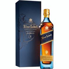 a bottle of blue label whisky next to a box