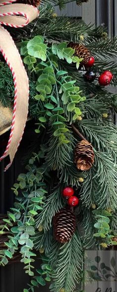 a christmas wreath with pine cones and red berries hanging from it's front door