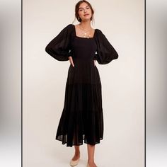 Long Puff Sleeves Square Neckline Flowy Maxi Dress. Lined. Casual Black Lantern Sleeve Dress, Black Midi Dress With Lantern Sleeves For Fall, Black Midi Dress With Square Neck For Day Out, Black Puff Sleeve Midi Dress For Brunch, Long Dress Long Sleeve, Black Tiered Dress, Square Neck Midi Dress, Flowy Maxi Dress, Lace Romper