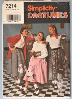 Simplicity 7214.  Misses   Retro 1950's Happy Days sock hop poodle skirt.  Sizes 12-16.  See picture 3 for measurements. Pattern is uncut and factory folded.  As described, "misses circle skirt...Patterns for appliques included.  Circular skirt decorated with animal appliques is stitched to waistband and fastened with hook closure.  A: features a Scotty dog with braid leash.  B: with the famous poodle with contrasting mane, head, paws and tail and sequin leash.  C: features playful cat with  ball appliques and sequin trim". These are fabulous and fun...perfect for a "Happy Days" or "Grease" themed party or play.  (Don't forget the ankle socks and saddle shoes! oh...and the petticoats!) Poodle Skirt Pattern, 1950s Poodle Skirt, Poodle Skirt Costume, Circle Skirt Pattern, Sock Hop, Costume Sewing Patterns, Poodle Skirt, Costume Patterns, Skirt Patterns Sewing