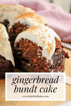 a close up of a piece of cake on a plate with the words gingerbread bundt cake