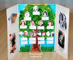 an open book with pictures of people and trees on the front, inside is a tree