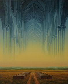 a painting of a large cathedral in the middle of a field with benches on it