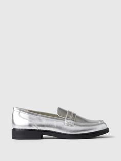 These loafers are made with a vegan leather upper.  Rubber gripper sole.  For more fit and sizing info, check out our Size Guide. Luxury Silver Loafers For Formal Events, Cheap Trendy Flat Loafers, How To Style Silver Loafers, Silver Loafers Outfit, Loafer Outfits Women, Loafer Outfits, Silver Loafers, Grey Loafers, Metallic Loafers