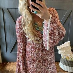 This Bohemian Dress Features A Pretty Red & White Floral Bohemian Print Base, Long Kimono Sleeves With Crochet Trim, & A Criss Cross Of Fabric Just Across The Top Of The Bust. The Dress Is Fully Lined. You Can Wear This As A Tunic With Your Favorite Denim Or As A Dress; Hits A Few Inches Above The Knee. Approx Measurements; S - Bust-18”, Length- 31” M - Bust- 19”, Length- 31” L - Bust- 20”, Length- 32” Dress Is Rayon, Lining Is Poly Model Is 5’8” Tall. Any Questions, Please Ask!! Thank You Bohemian Red Mini Dress With Ruffles, Red Bell Sleeve Dress For Spring, Bohemian Bell Sleeve Dresses With Floral Print, White Bohemian Dress With Bell Sleeves, Red Bohemian Mini Dress For Brunch, Red Lace Trim Dress For Vacation, White Flowy Bell Sleeve Dress, Red Flowy Boho Dress For Fall, Red Boho Tunic Dress For Spring