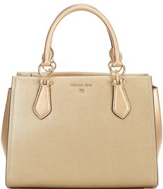 From Michael Kors&#x2C; the Marilyn Metallic Gold Medium Satchel Bag features:Saffiano metallic leather100% cow leatherZip closure Hardware: 18k 1 back zip pocket&#x2C; 1 front slip pockets1 back slip pocket&#x2C; 1 front slip pocketHandle drop: 4.5";  Adjustable drop: 21" - 22.5" - 24"Approx.: 11.25" W x 8.25" H x 5.5" D Imported. Rectangular Saffiano Leather Bag With Gold-tone Logo Plaque, Gold Textured Calf Leather Bag, Gold Calf Leather Bag For Formal Occasions, Formal Gold Calf Leather Bag, High-end Gold Calf Leather Bag, Elegant Gold Calf Leather Bags, Luxury Michael Kors Bags In Saffiano Leather, Classic Gold Michael Kors Bag, Gold Saffiano Leather Top Handle Bag