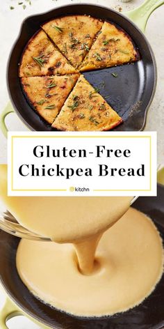 gluten - free chickpea bread in a cast iron skillet