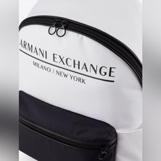 Armani Exchange White,Navy ,Black Logo Back Pack We Are An Authorized And Trusted Dealer Of Top Designer Brands Of Clothing, Footwear, And Accessories. We Offer A Wide Range Of Products With Fast And Reliable Delivery. Thank You For Shopping With Premiumapparel Luxury High Demand Brand Exclusive Brand Limited Brand Trending Brand Hard To Find Brand Hype Brand Luxury White Bag With Logo Print, Top Designer Brands, Black Logo, Armani Exchange, Designer Brands, Branding Design, Blue And White, Man Shop, Backpacks