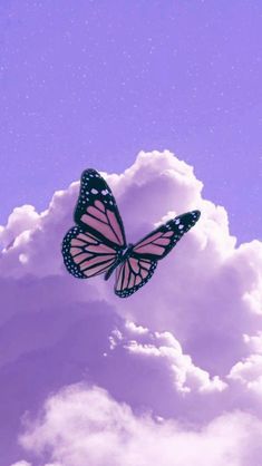 a pink butterfly flying in the sky above some white clouds and blue sky with stars