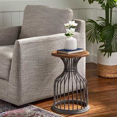 a living room with a chair, table and potted plant on the floor next to it