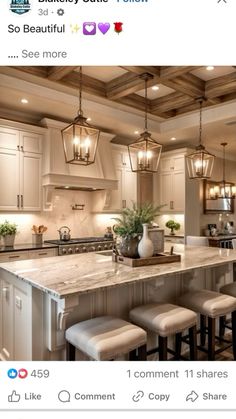 an instagramted photo of a kitchen with lots of counter space and stools