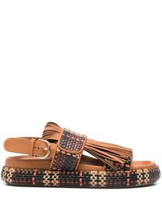 brown/multicolour lambskin interwoven design detail fringe detailing almond open toe double-strap design side buckle fastening branded leather insole flat rubber sole Braided Leather Sandals, Woven Leather Sandals, Fringe Sandals, Sandals Brown, Leather Sandals Flat, Brown Leather Sandals, Suede Sandals, Summer Sandals, Fall Shoes