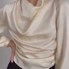 Viscose Elegant Draped White Blouse, Elegant White Draped Blouse, Cream Satin Tops For Formal Occasions, Cream Satin Top For Formal Occasions, Formal Cream Satin Top, Elegant Draped Tops, Elegant Cream Satin Top, Elegant Draped Fall Blouse, Chic Cream Satin Top