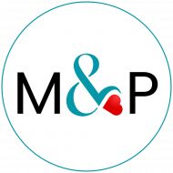 the m & p logo is shown in blue and red with a heart on it