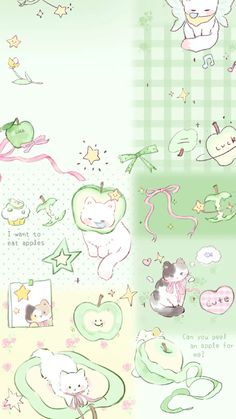 an image of some cartoon animals on green and white paper with stars, clouds, and hearts