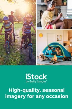 two children riding bikes with the words stock high quality, seasonal imagery for any occasion